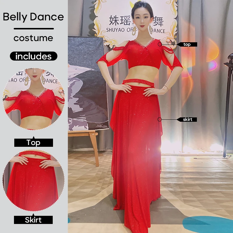 Belly Dance Professional Costume 2 PCS Set Top and Long Skirt Short Sleeves For Adult Women Dancing Outfit Practice Clothes Wear