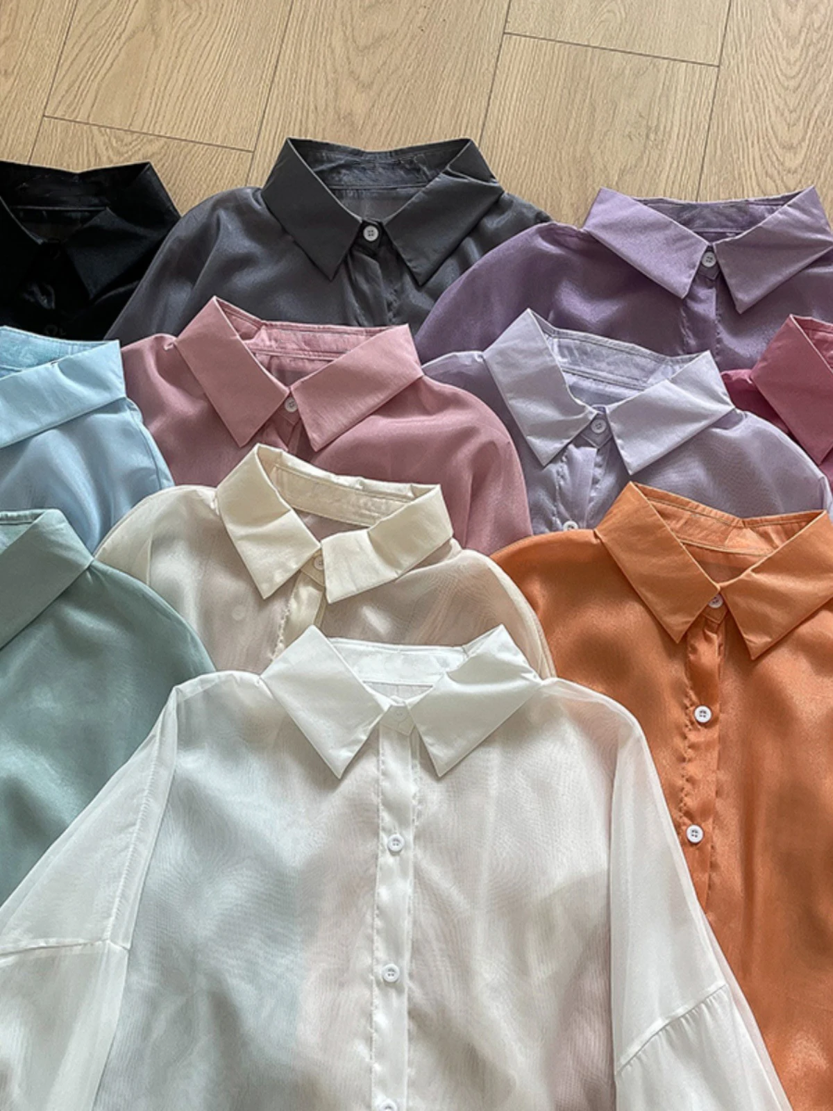 

Shirts Woman Sheer Chiffon Button-Down Collared Single Breasted Thin Blouse Female Breezy Spring Summer Cover Up Casual Tops