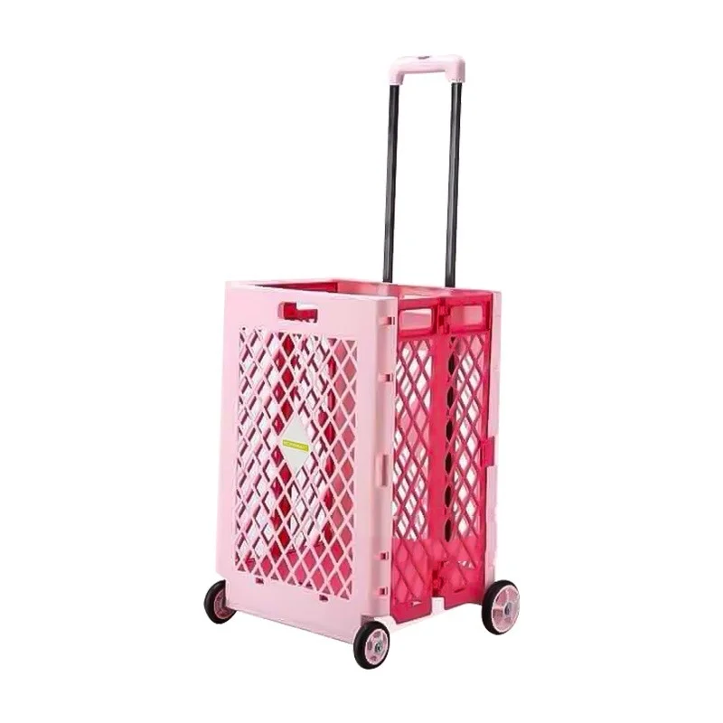 4-wheel Large Folding Shopping Cart Plastic Storage Box Push-pull  Portable Grocery Cart