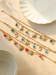 Fashionable trend design double layer natural stone moon sun starfish pendant bracelet women waterproof jewelry beach party gift