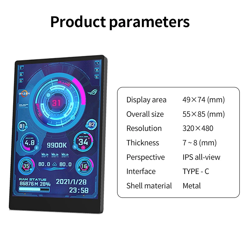 3.5 Inch IPS USB-C Secondary Screen Computer CPU GPU RAM HDD Type C Display Monitor for Windows 10 11 Freely AIDA64