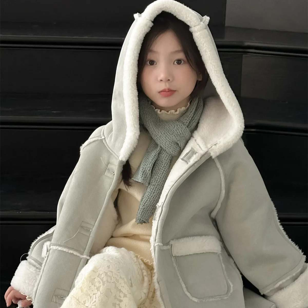 

Girls Coat 2024 Winter New Childrens Clothes Korean Style Girls Baby Fashion Suede Fur One Thick Coat Casual Simple Daily