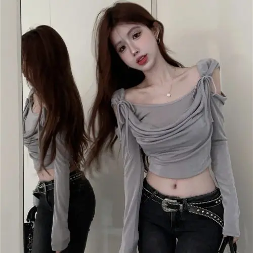 Off Shoulder T Shirt Elegant Lacing Skinny Crop Long Sleeve Tops Slash Neck Pleated Bow Vintage Summer Fashion Tees Streetwear