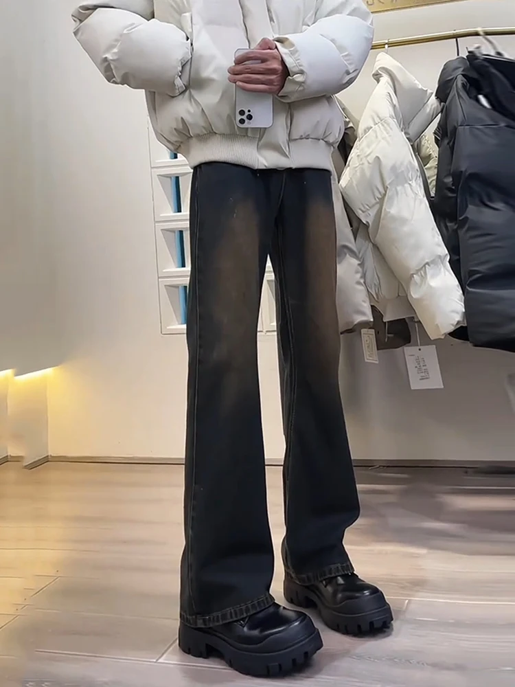 

Американские ретро русские цветные джинсы с ножом, мужские эластичные утягивающие брюки с высокой талией, расклешенные брюки, осень-зима, сле