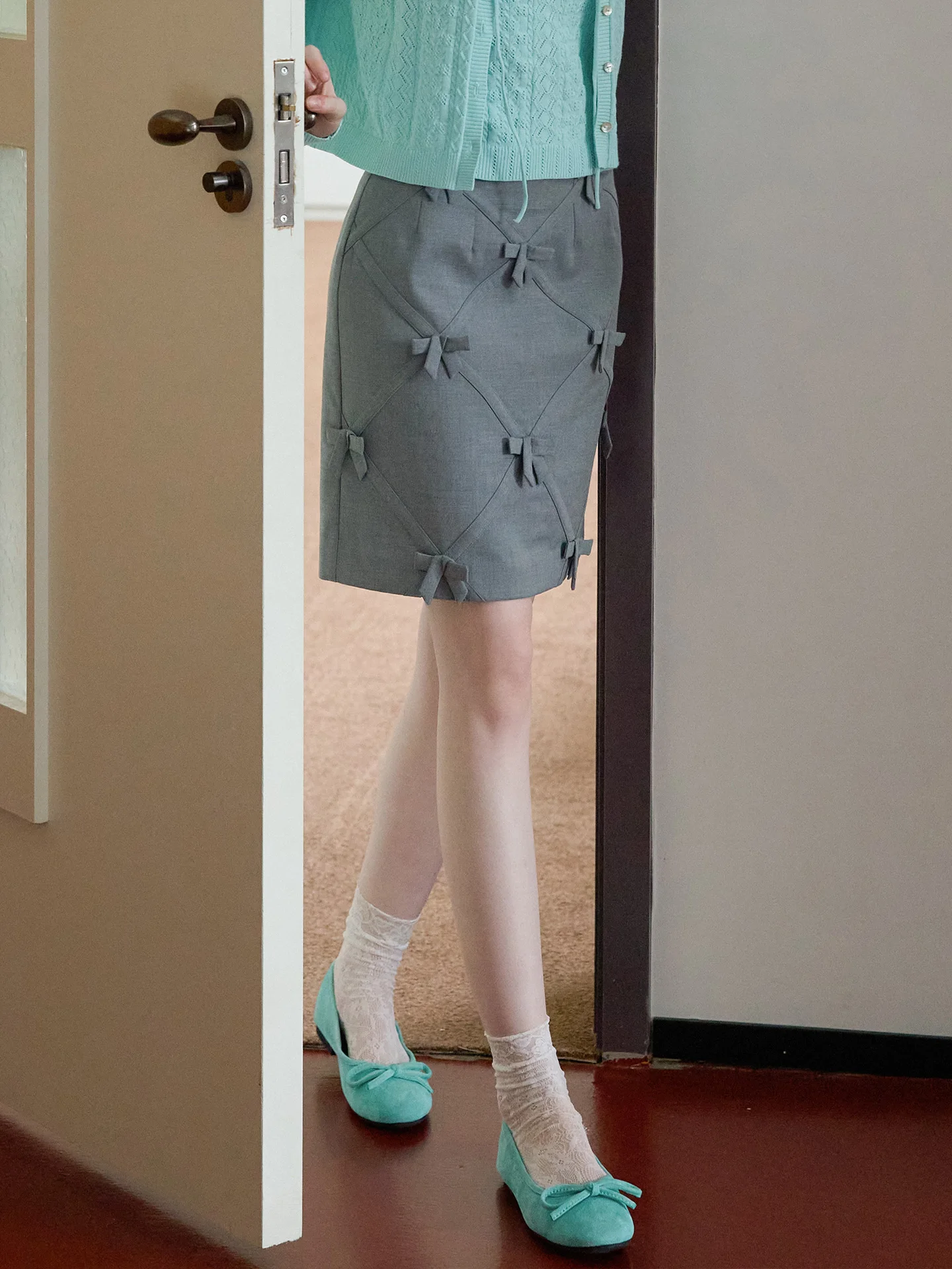 Gray A-Line  Skirt with  Knot High Waist Short Length Bodycon Polyester Fiber Commute Style Women's Skirt