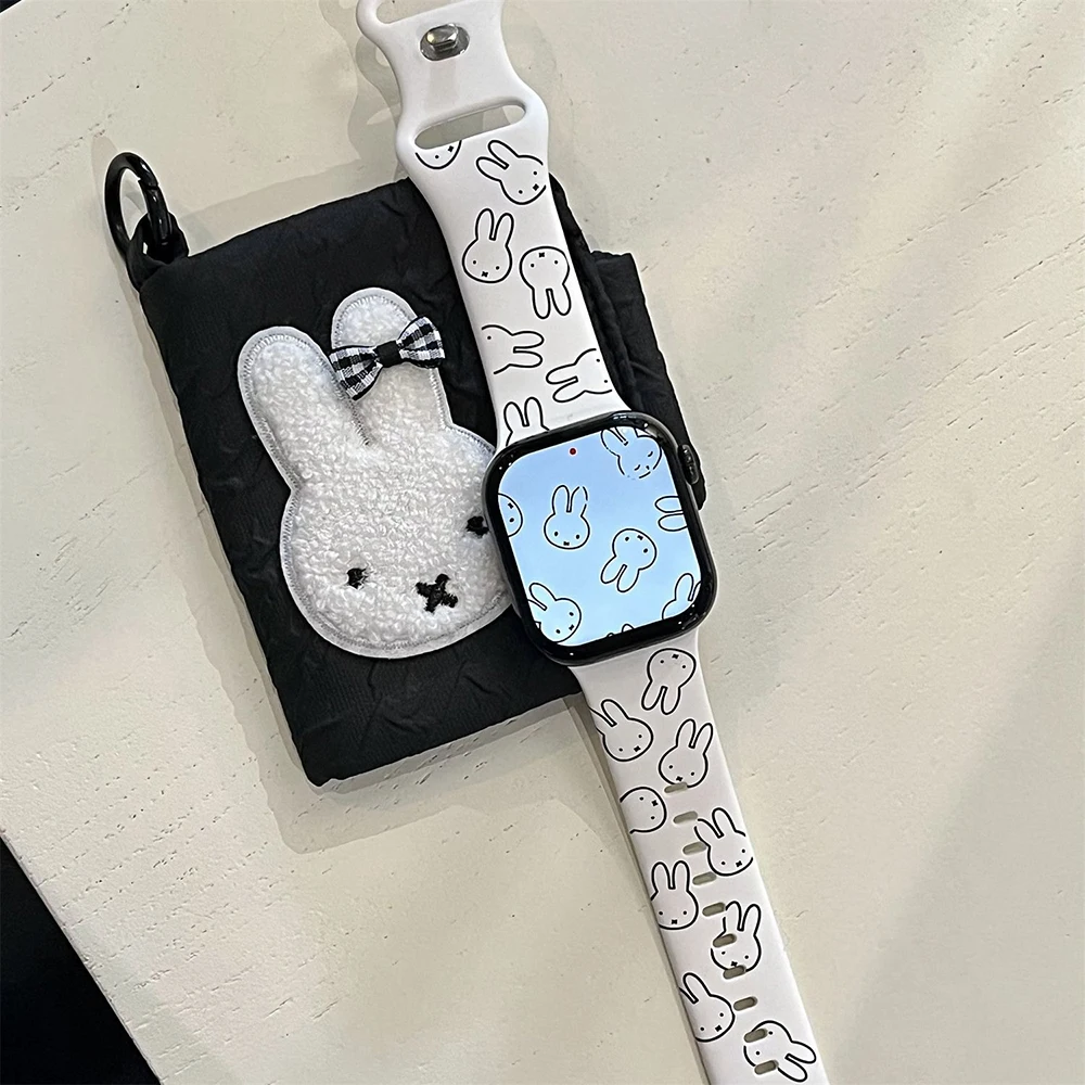 Kawaii Miffy Silicone Iwatch S1/2/3/4/5/6/7/8/9/10/SE/Ultra 1/2 Cute Watch Strap All-over Rabbit Print Apple IWatch Girl Gift