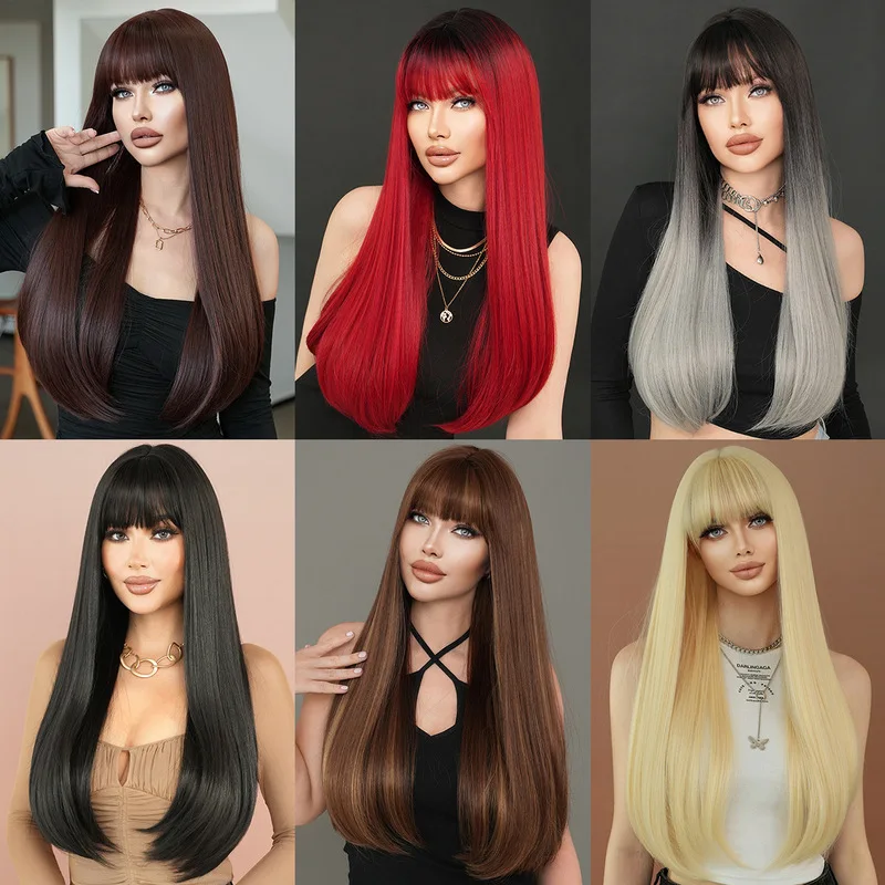 European and American women's long straight hair mocha brown with bangs layered fashionable wig full headpiece
