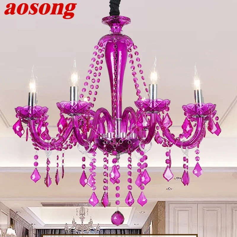 

AOSONG European Style Crystal Pendent Lamp Purple Candle Lamp Luxurious Living Room Restaurant Bedroom Girls' Room Chandelier