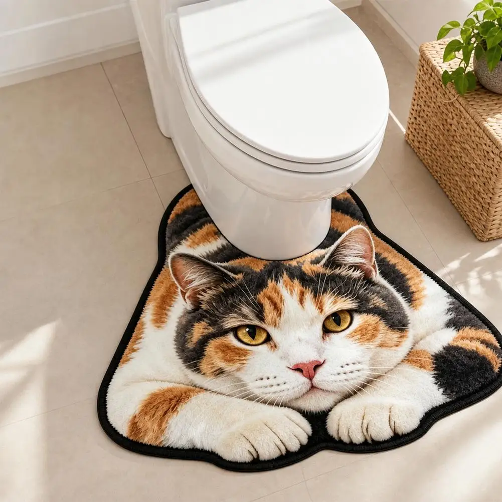 Lifelike Cute Cat Bathroom Floor Mat U-Shaped Toilet Seat Mat Earth Water-absorbing Toilet Rug Splash Proof Mat