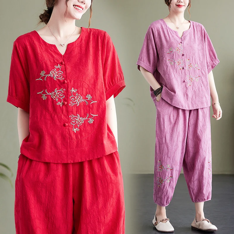 

Новые летние свободные повседневные брюки-морковка с вышивкой, футболка с девятью очками, комплект из двух предметов, модный комплект для мамы, свободного возраста