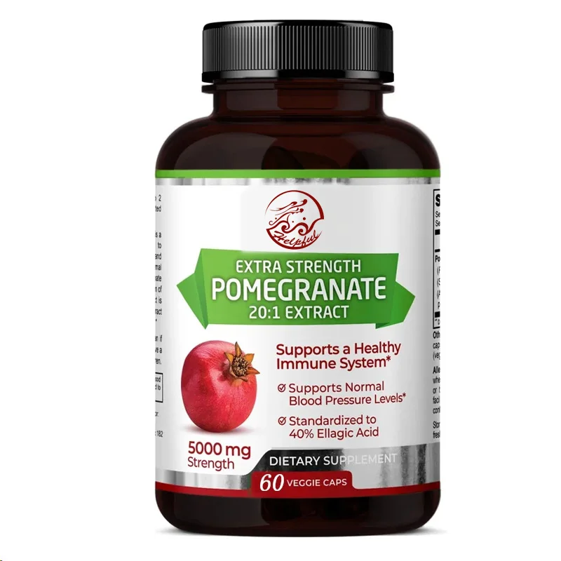 Pomegranate 20:1 extract,5000 MG strength, 40% folic acid, 60 vegetarian capsules, 1 month supply, concentrated 20 times extract