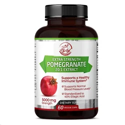 Pomegranate 20:1 extract,5000 MG strength, 40% folic acid, 60 vegetarian capsules, 1 month supply, concentrated 20 times extract