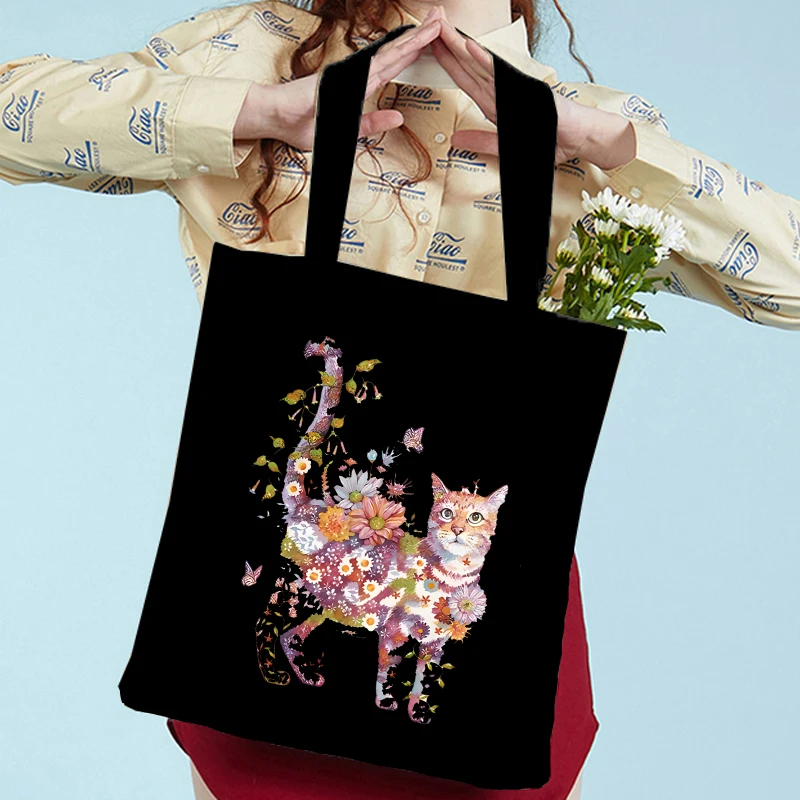 

Cat and Flower Print Shoulder Bag Women Vintage Aesthetics Kitten Design Tote Bags Teenager Girls Shopping Bags Female Handbag