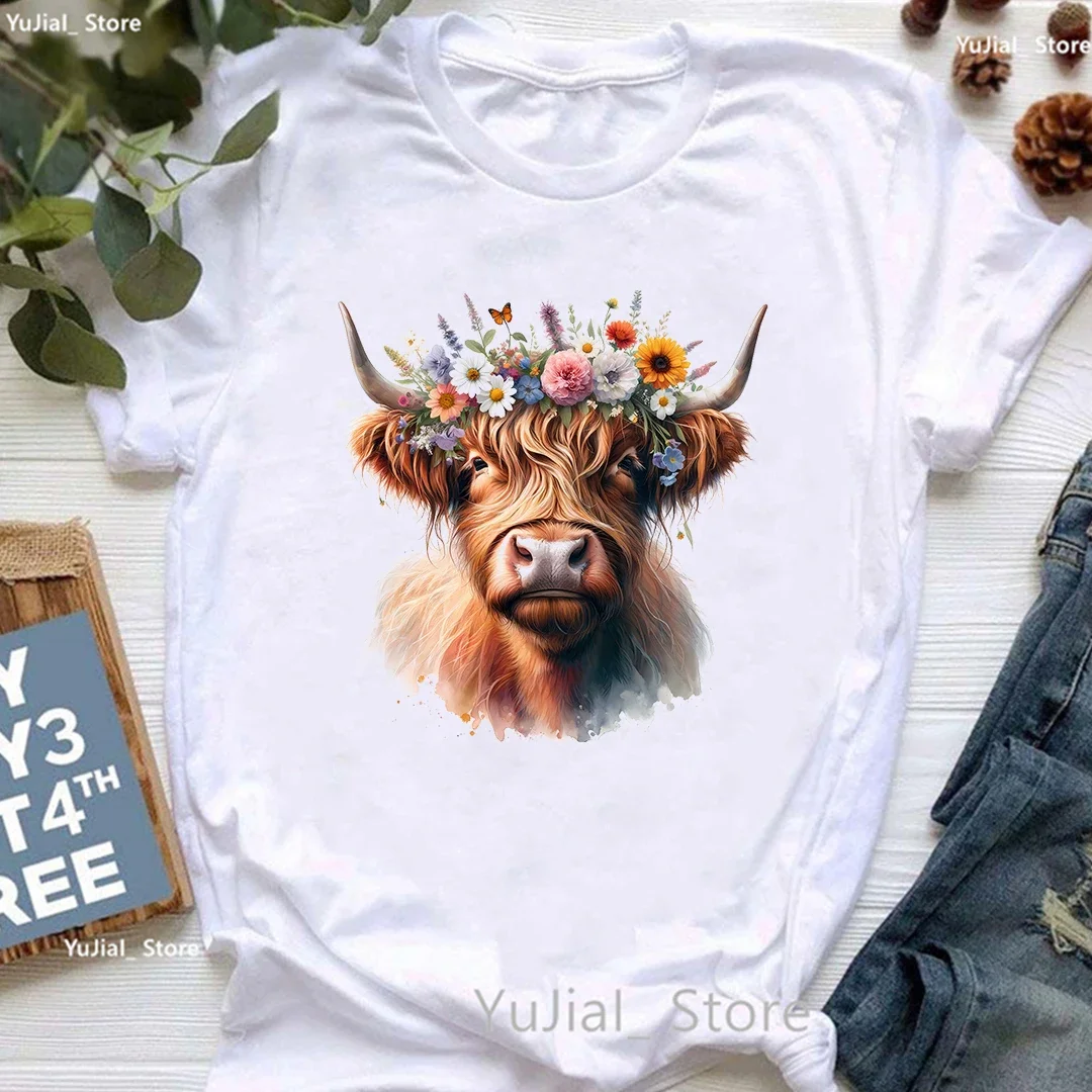 

Highland Cow Floral Crown Animal Printed T Shirt Women Clothes 2024 Summer Fashion Tops Tee Shirt Femme Harajuku Shirt