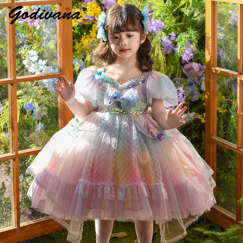 Original Sweet Baby Girls 2026 New Summer Mermaid Princess Lolita Dress Kids Tulle Sequin Bow Puff Sleeve Birthday Party Gown