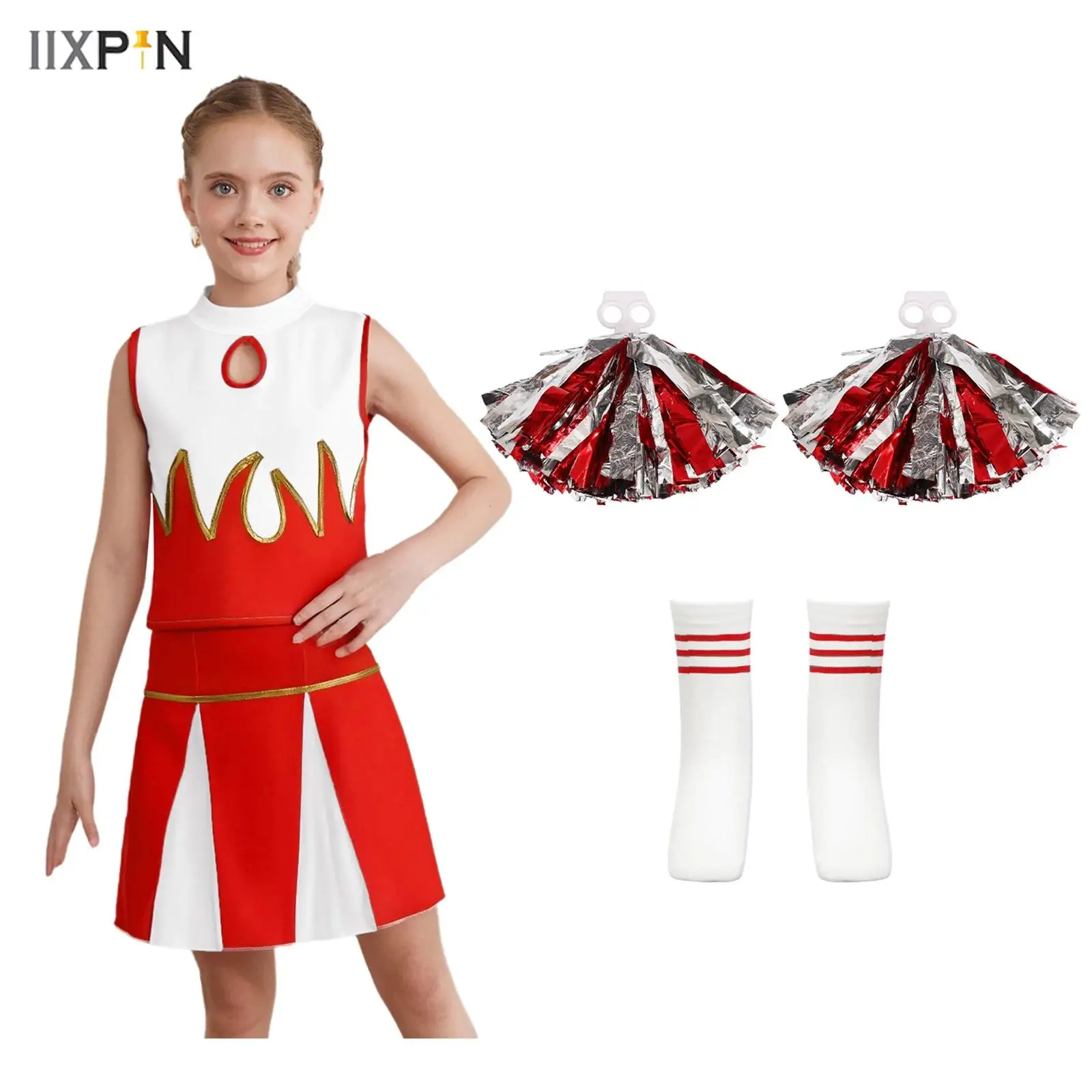

Kids Girls Cheerleading Dance Performance Costume Sleeveless Crop Top with Built-in Briefs Pleated Skir+2Pcs Flower Balls+Socks