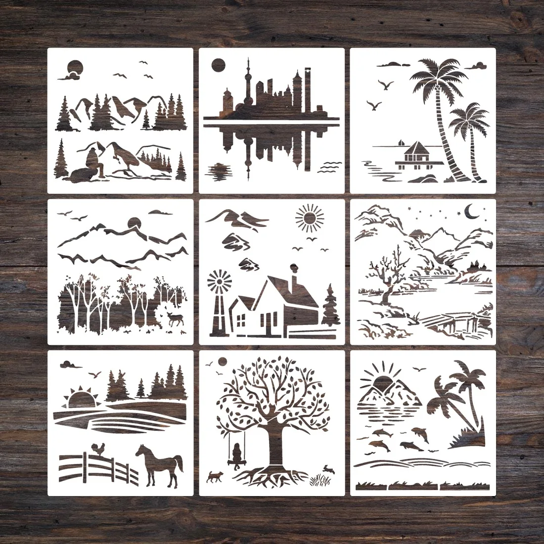 9Pcs/Lot 20cm City Country Farm Beach DIY Layering Stencils Wall Painting Scrapbook Coloring Embossing Album Decor Template