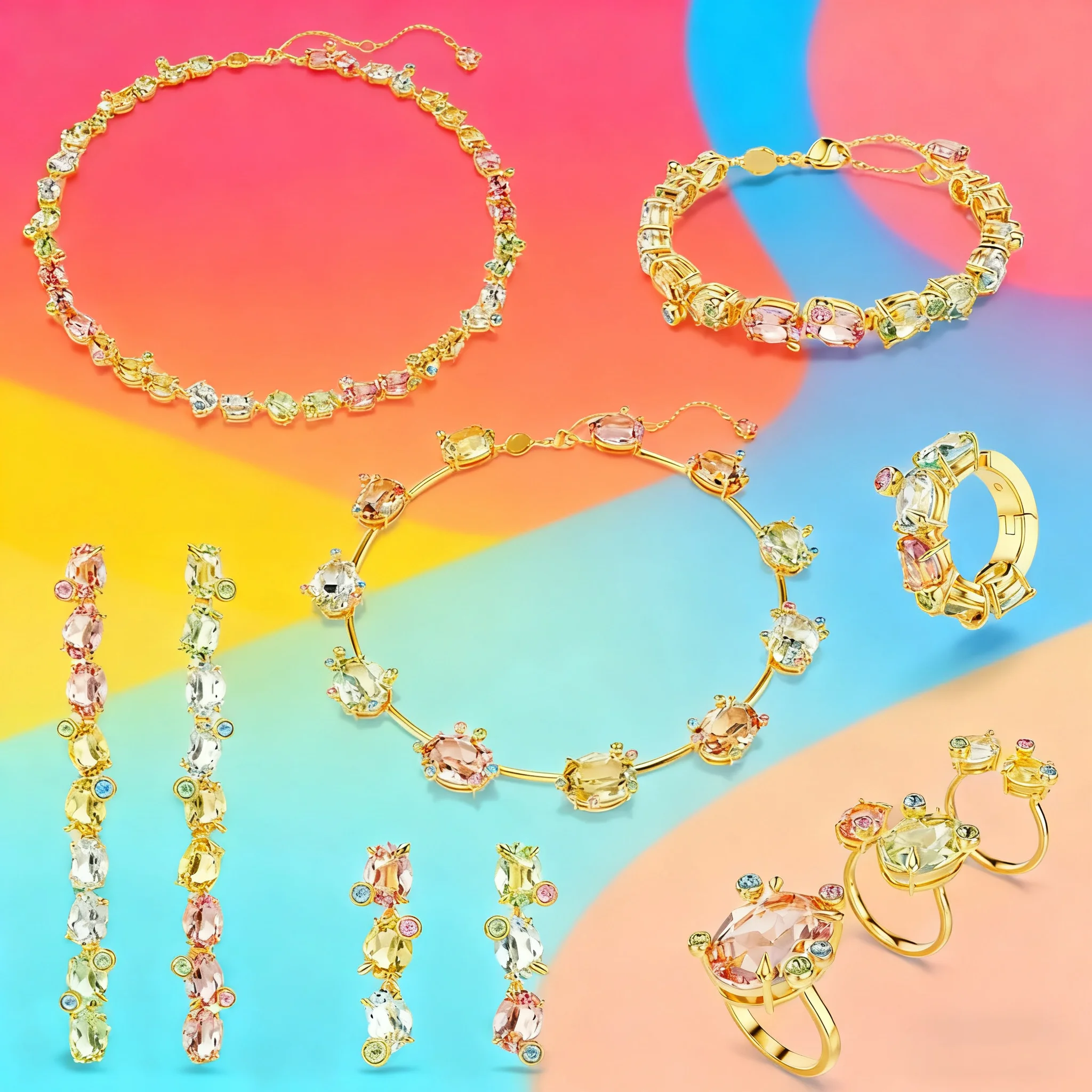 

Оригинальный комплект ювелирных изделий с цветными кристаллами 2025, комплект ювелирных изделий, женское ожерелье с конфетами, браслет, серьги, романтический подарок