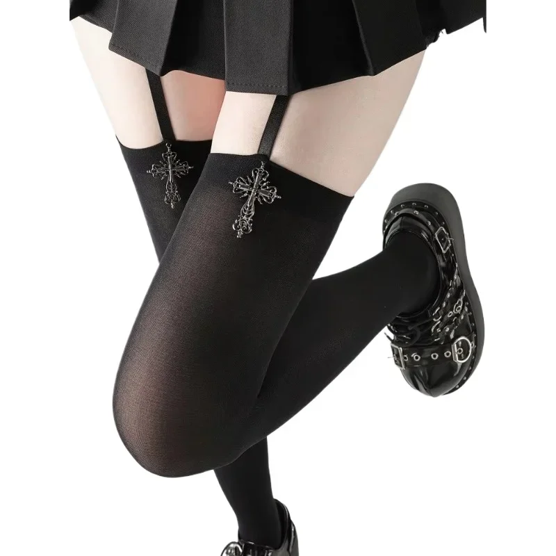 Women Suspender Socks Gothic Lolita Anime Cosplay Personality Cross Decor Solid Color Thin Over Knee Thigh High Stockings