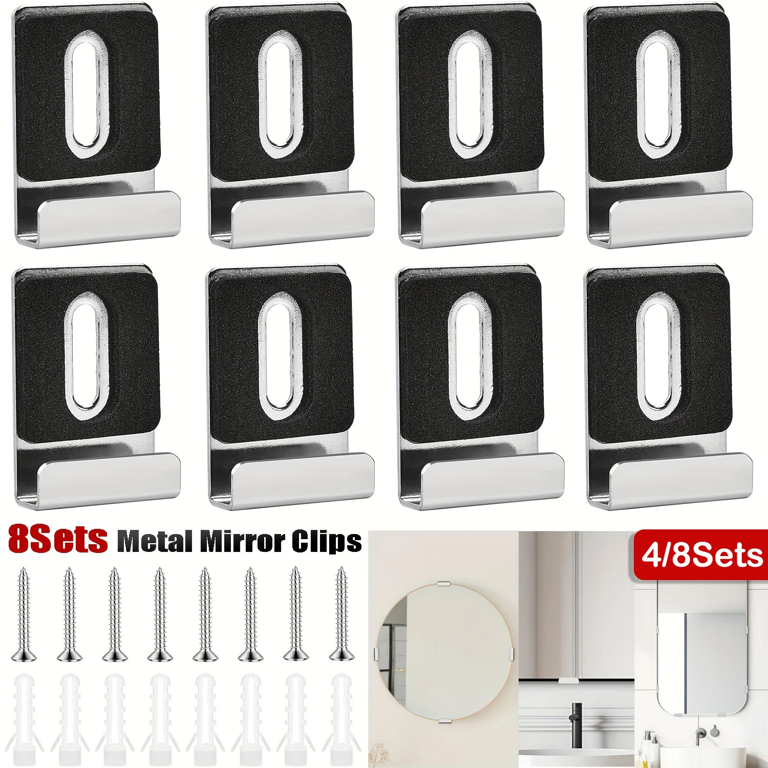 4-8Pcs Metal Mirror Holder Clips with Screws Heavy Duty Frameless Mirror Hanger Hooks Brackets for Wall Tile Billboard Display