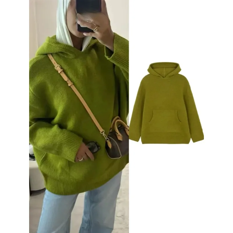 

Casual Knit Hooded Pullover Women Loose Solid Full Sleeve Street Warm Knitwear Autumn Lady Commute Chic Sweater New