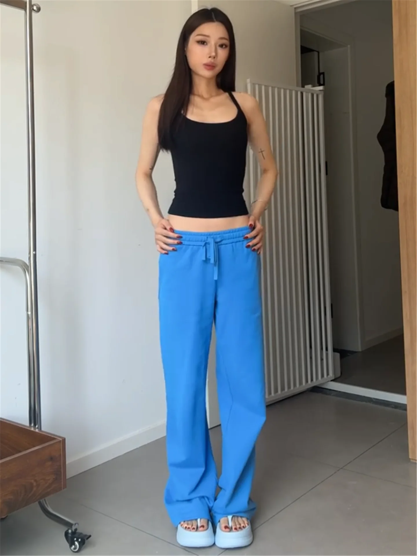 

Extended Loose Fit Low Waist Straight Leg Casual Pants Women's Summer Dopaamine Sport Sweatpants Blue Color Casual Style