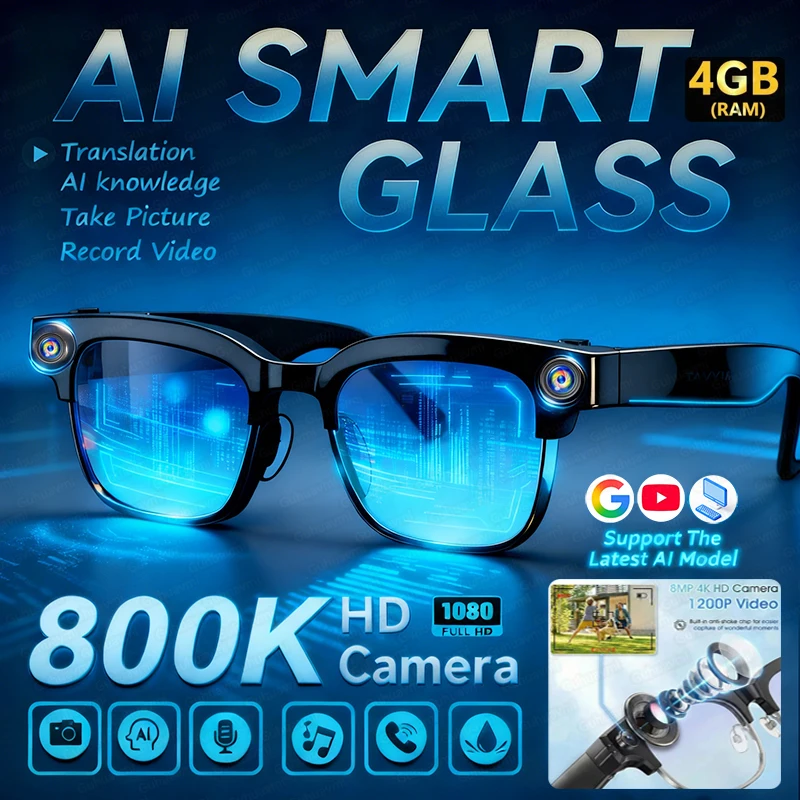 

2026 New 4K HD AI Smart Glasses Men 800W Pixel Camera Photo Video Recording 120+Languages Translation Call Music Play Sunglasses