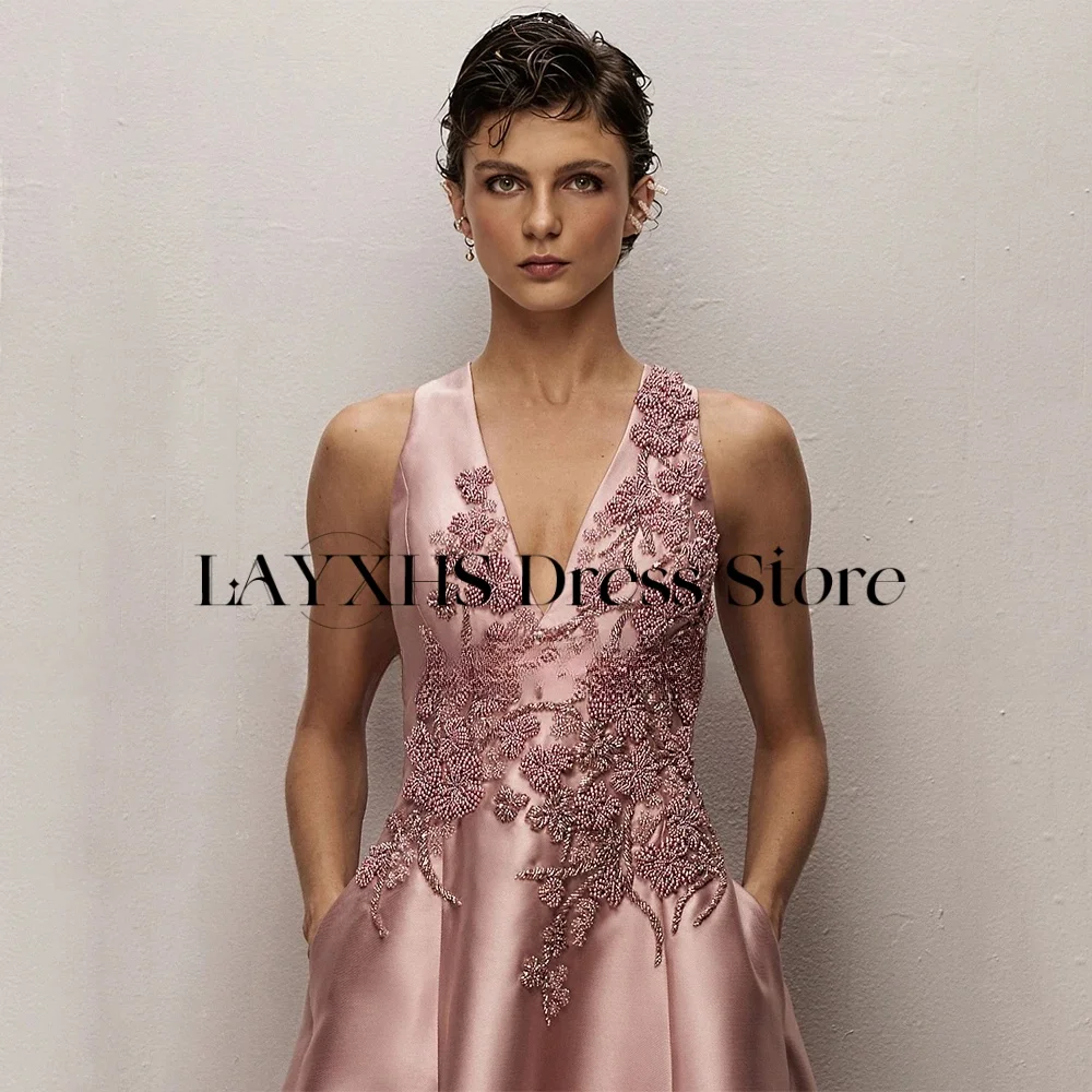 LAYXHS Abito da sera con scollo a V di alta qualità Abito da ballo senza maniche con applicazioni di perline a-line Personalizzato فستانmavera