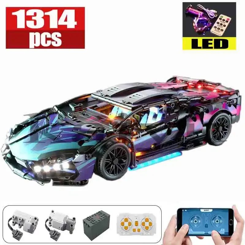 Controle Remoto LED Supercar Power Building Blocks, Speed Racing Bricks Sets, Brinquedos para Crianças, Presentes, Modelos, Lâmpada, 1314 Pcs