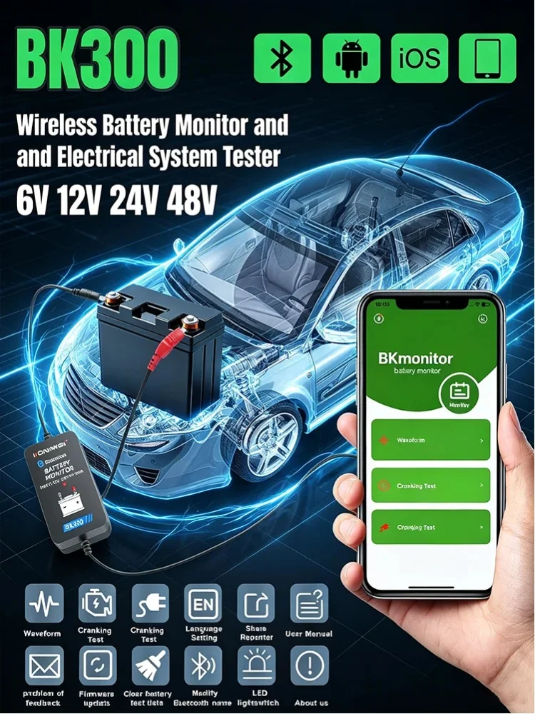KONNWEI BK300 Bluetooth 5.0 Auto-Batterie-Monitor-Tool 6V/12V/24V für Autos, Wohnmobile, Motorräder, LKWs & Boote, Batterietester mit mobiler App für Android/iOS, kostenloser Versand
