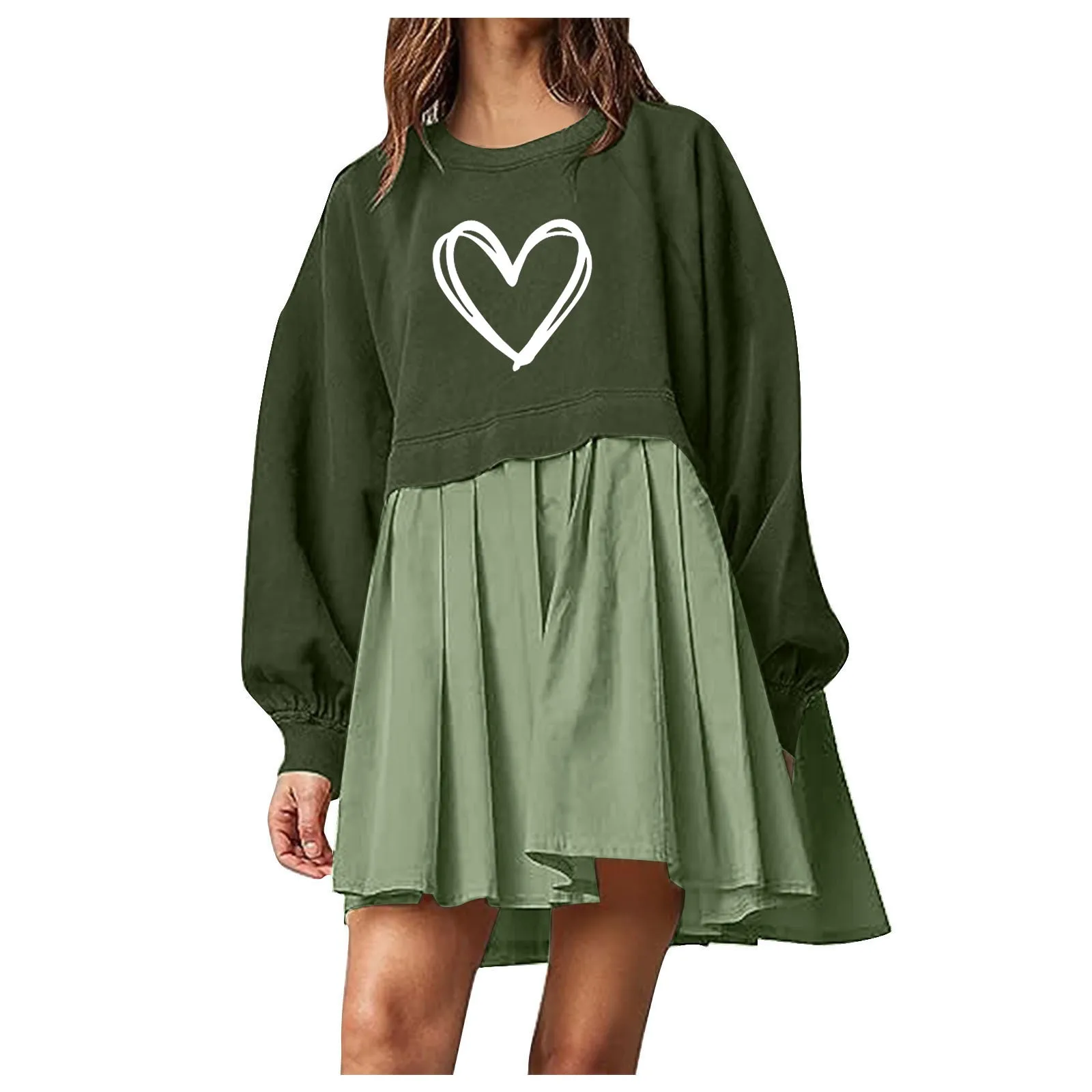 Women Fashion Autumn Dress Round Neck Heart Print Mixed Colors Oversized Sweatshirt Dress Long Sleeve Casual Streetwear Vestidos