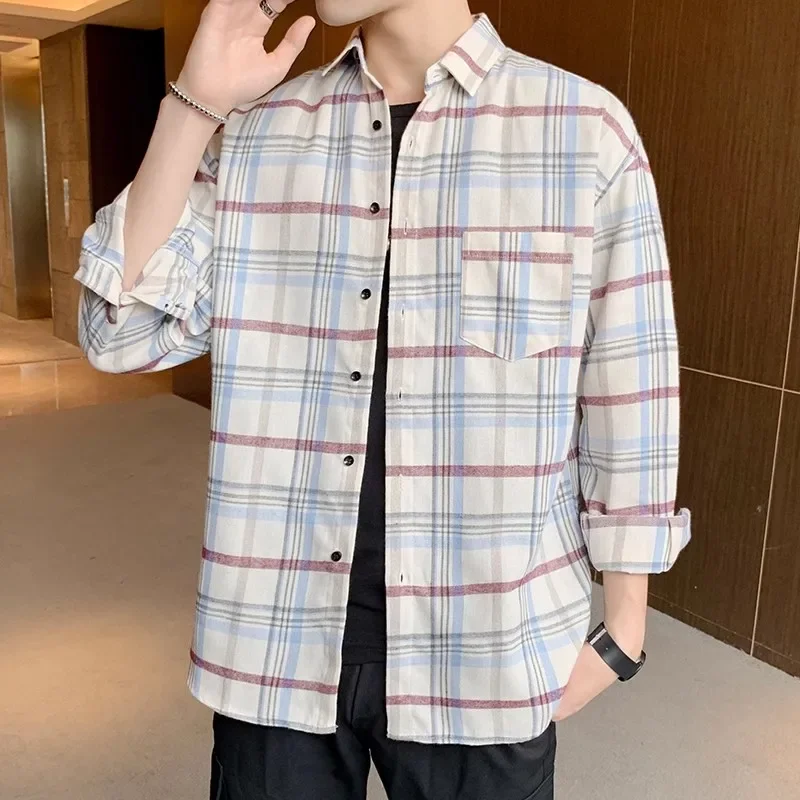 Brand Casual Men\'s Plaid Shirt 2024 Spring New Boutique Ladies Loose Blouse and Tops Long Sleeve Blouses Clothes