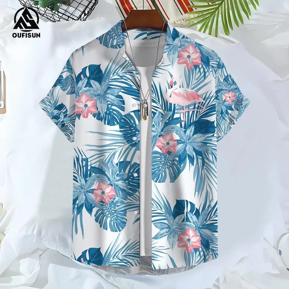 Floresta tropical masculina com estampa floral de manga curta, férias à beira-mar, tops grandes, moda casual, moda verão