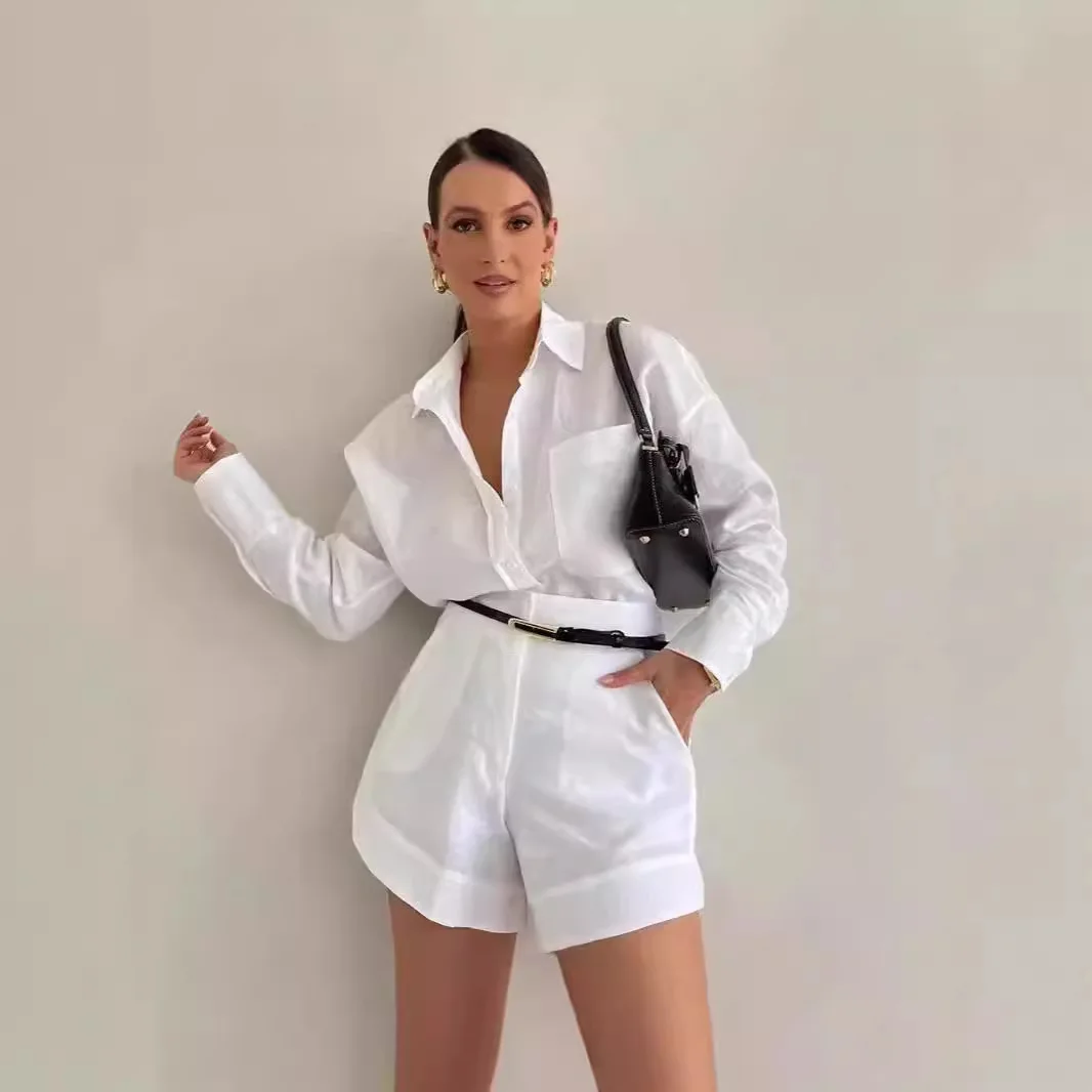 

Женский комплект из 2 предметов с длинными рукавами, повседневные шорты с карманами на одной пуговице и рубашка, топ, летняя модная уличная женская одежда