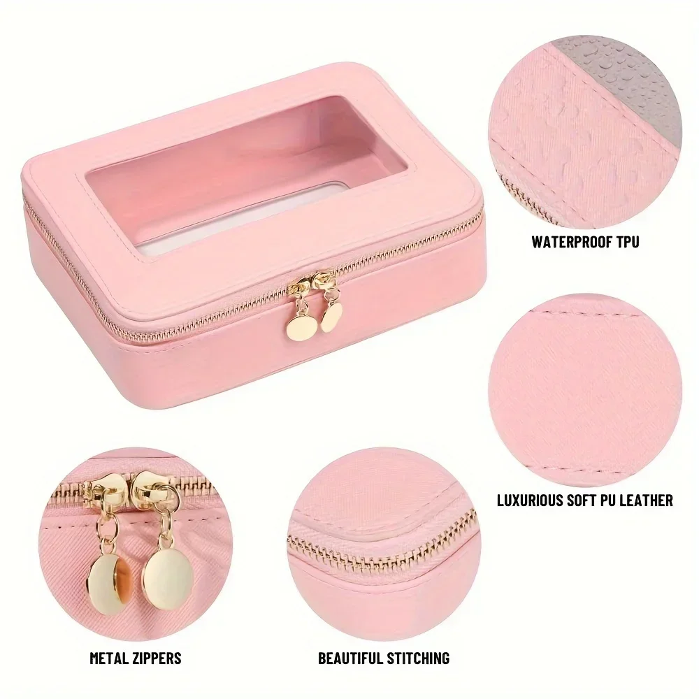 

Minimalist Solid Color Makeup Handbag with Clear Window - Lightweight Zipper Toiletry Wash Bag for Travel Makeup sponge Ring box