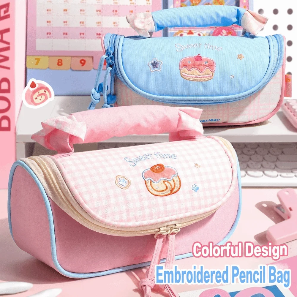Durable Embroidery Pencil Case Handheld Macaron Pen Bag Large Capacity Multi-Layer Divided Stationery Bag Gift