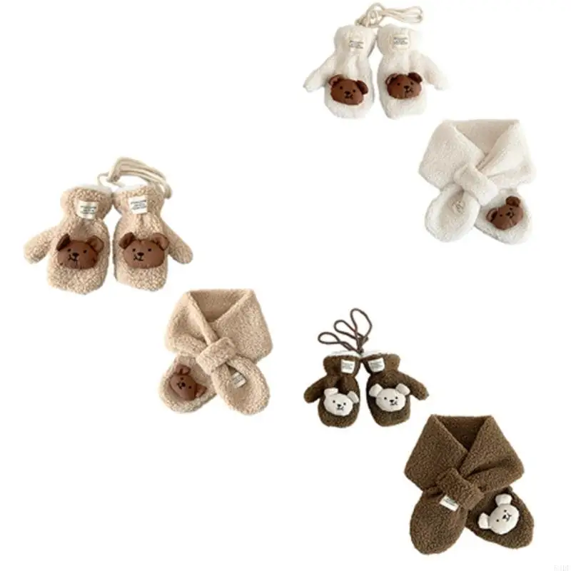 54DF 1 Set Lamb Wool Scarf and Gloves for Infants Baby Neck Warmer with Matching Gloves Fashionable Neckerchief & Mittens