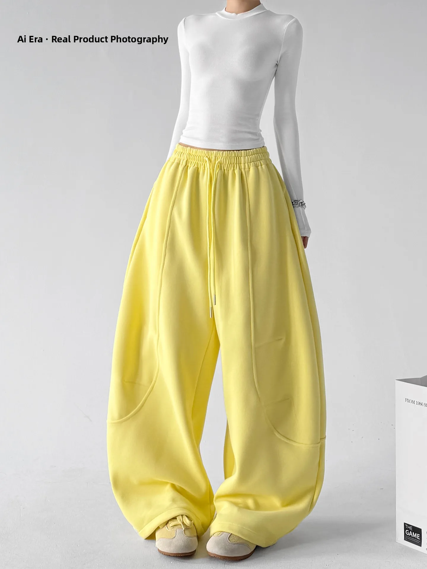 Yellow Asymmetrical Wide Leg Pants Casual Style Student Women's Loose Fit Trousers Autumn Fashion High Waist Knitted Cotton