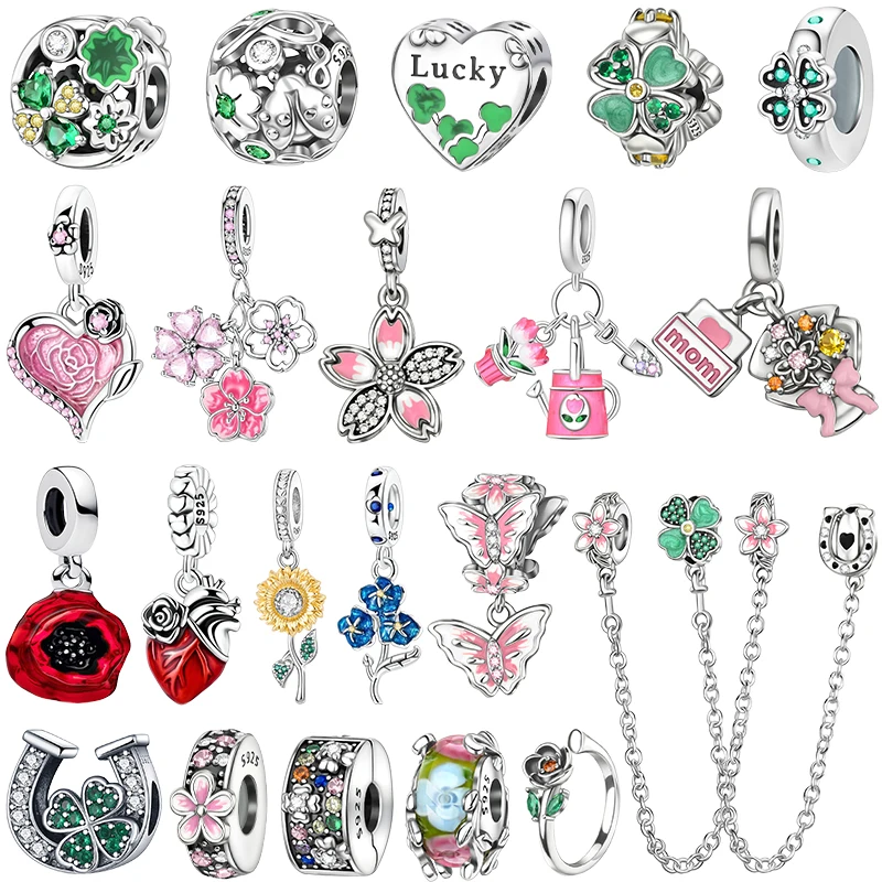 

Romantic 925 Sterling Silver Blooming Colorful Flowers Charms Four Leaf Clover Bead Earrings Original Bracelet Women DIY Jewelry