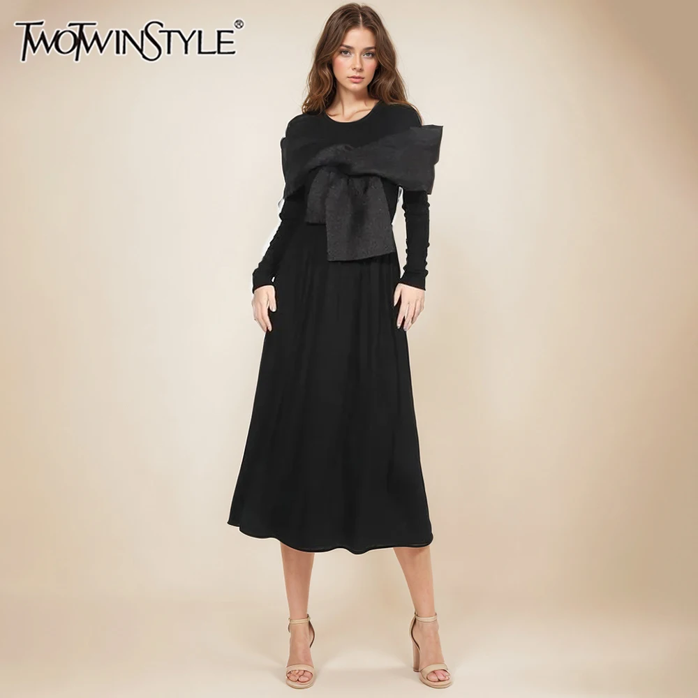 TWOTWINSTYLE Solid Patchwork Bowknot Dress For Women Round Neck Long Sleeve High Waist Popular Dresses Female Fashion Clothes