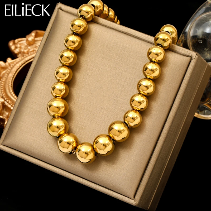 EILIECK 316L Stainless Steel Gold Color Solid Beaded Necklace For Women Fashion New Party Gift Neck Chain Waterproof Jewelry