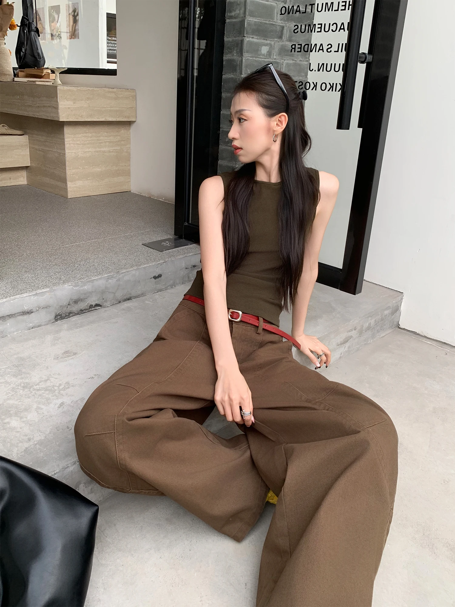 

American Sle Loose Wide Leg Jeans Women's Low Waist Slimming Drapey Knife Brown Denim Spring Summer New Arrival