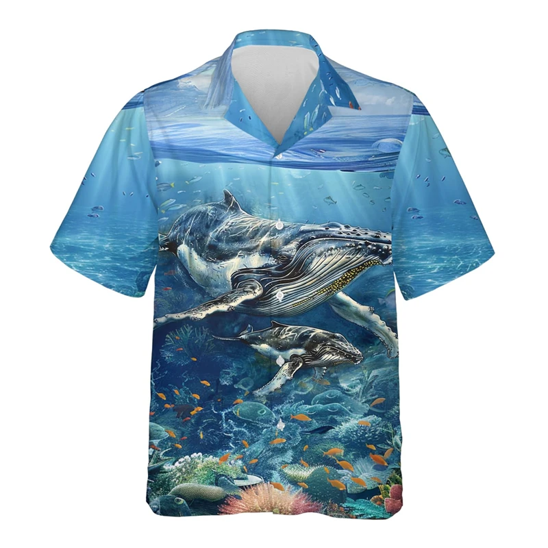 Whale Lovers Shirts For Men Clothes Cartoon Graffiti Art Girls Lapel Blouse Boy Streetwear Orca Whale Short Sleeve Cetacean Tops