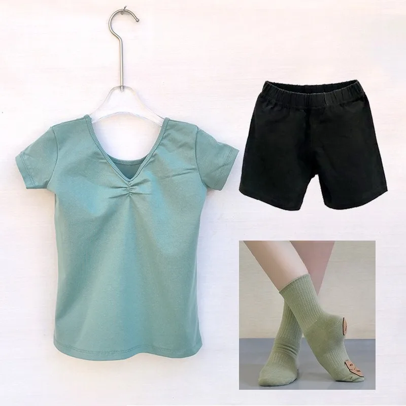 

Short Sleeve 3/4 Shorts Paw Print Socks 3Pcs Split Ballet Outfit Exam Stage Daily Gymnastics Training Professional Dance Costume