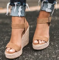 Summer 2019 Women's Sandals Woven with Hemp Rope Platform Heel Snake Pattern Buckle Casual Slip-On Shoes Comfortable Footwear