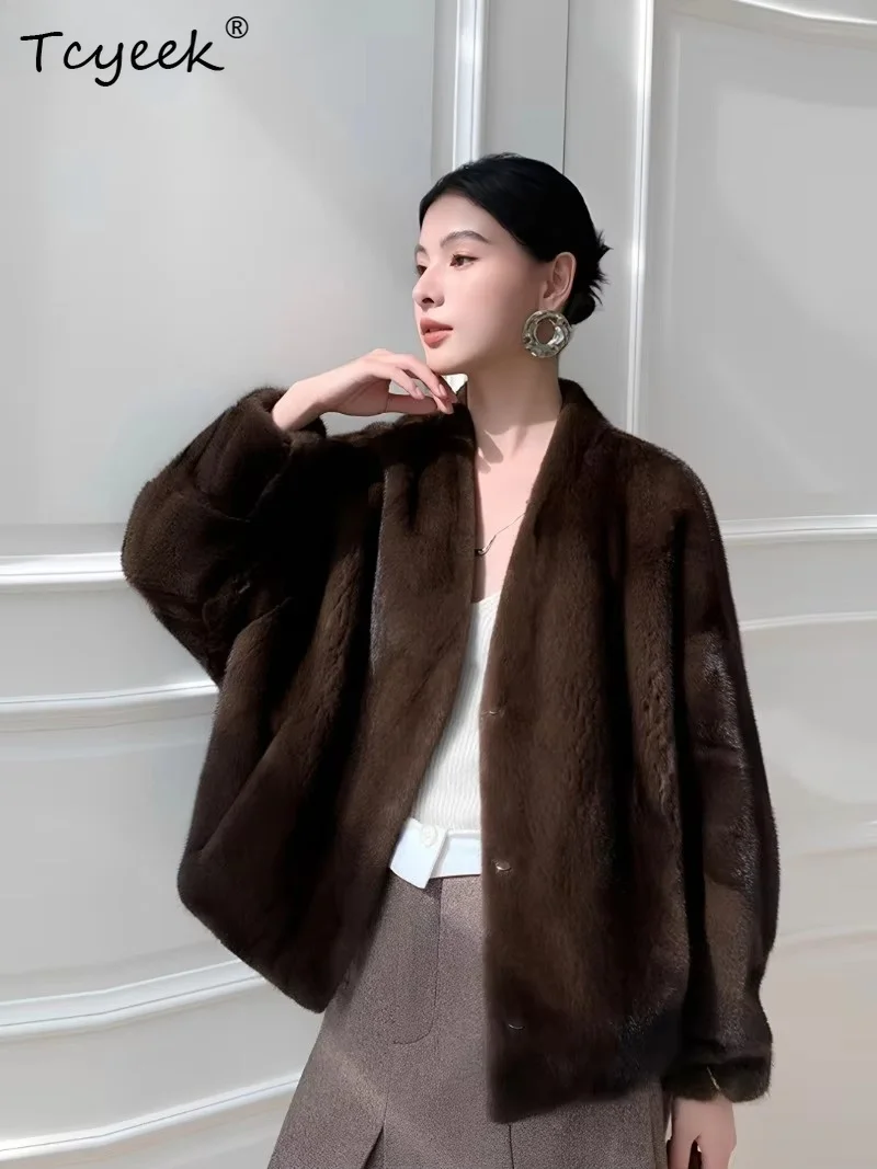 Tcyeek Women Short Full Female Mink Coat Purple Gold Short Grade 2 V Neck Light Luxury Fashion Mink Fur Outerwear 2026 Winter