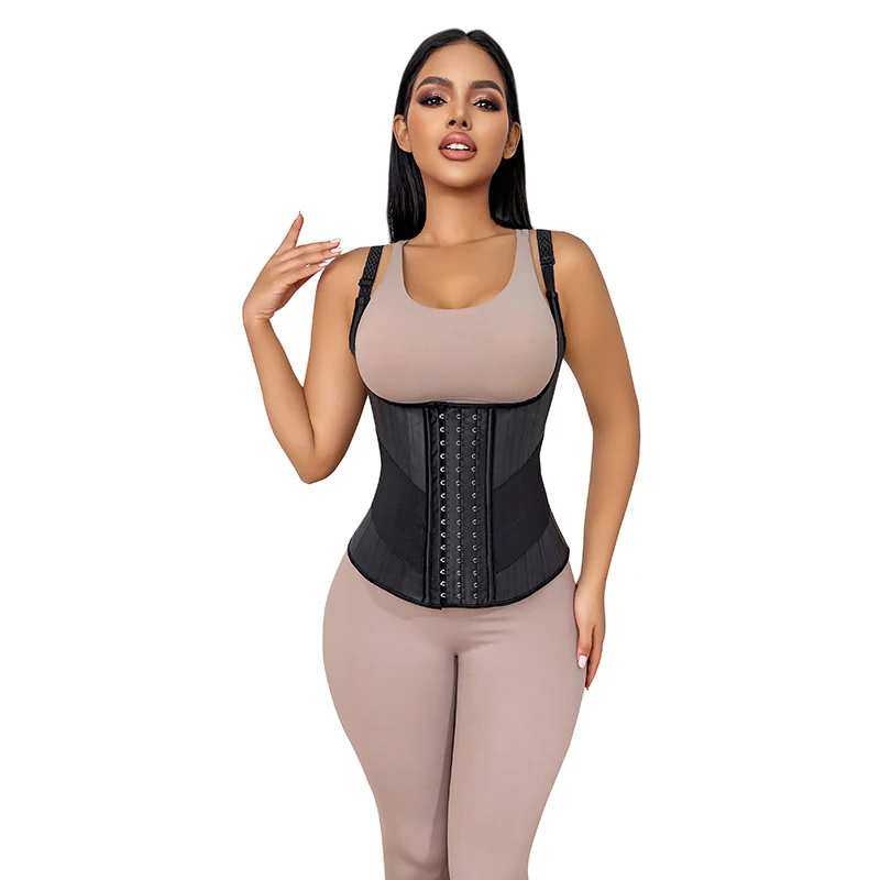 

Black Women 3 Hooks And Eyes Adjustable Straps Latex Waist Trainer Vest 25 Steel Bones Corset For Weight Loss