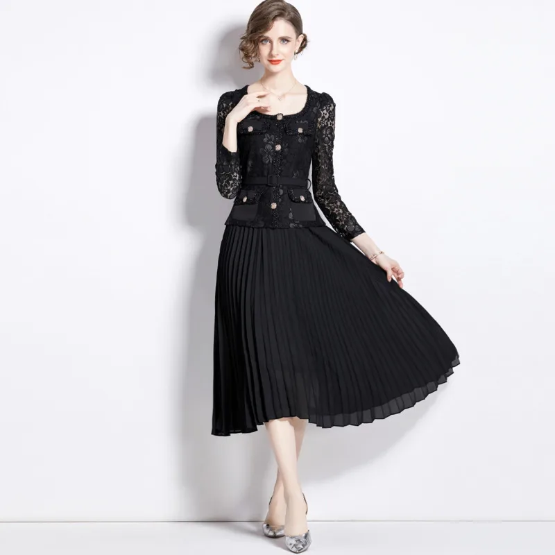 #2310 Black False Two Piece A-line Dress Lace Spliced Pleated Dress Belt High Waisted Midi Dress Ladies Vintage Office Elegant