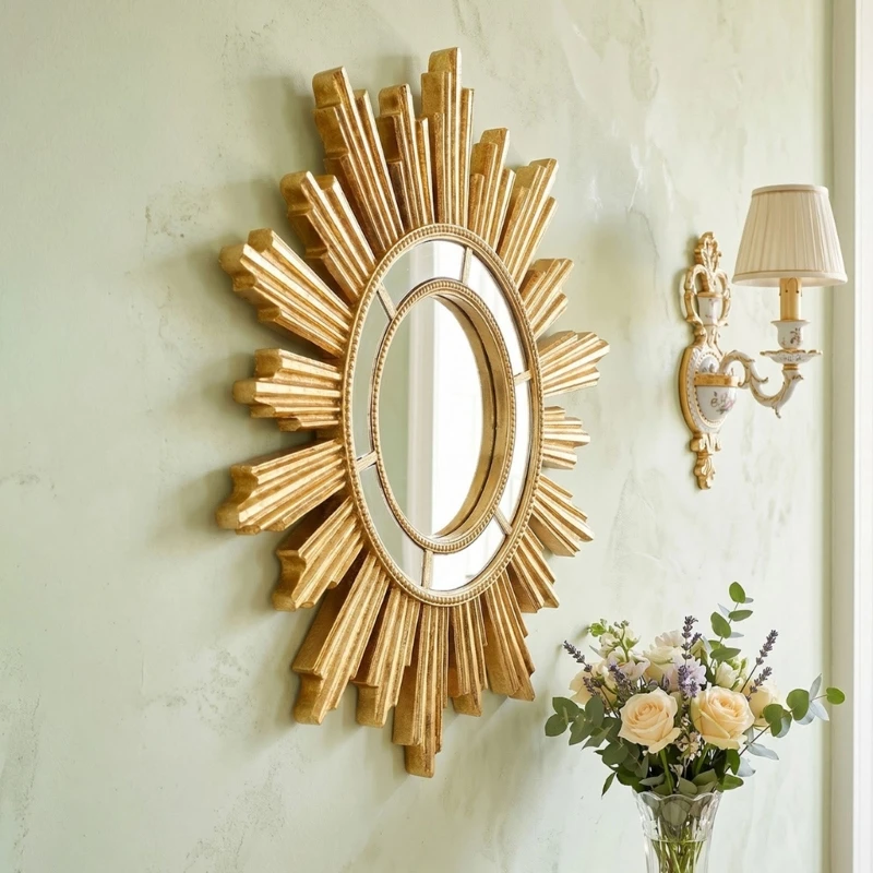 Elegant Round Resin Makeup Mirror Golden Sunbursts Design Wall Hanging Vanity Mirror for Home Living Room Bedroom Decors 87HA