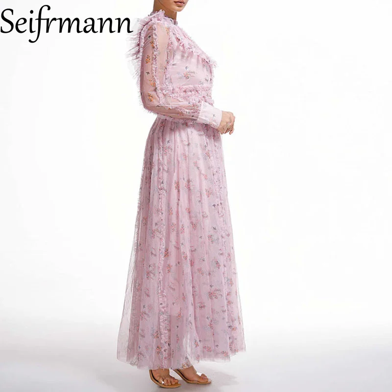 Seifrmann Damen Elegantes Party-Abschlussballkleid, Sommer, Netzstoff, lange Ärmel, Volantrand, Blumendruck, modische Big Swing-Kleider